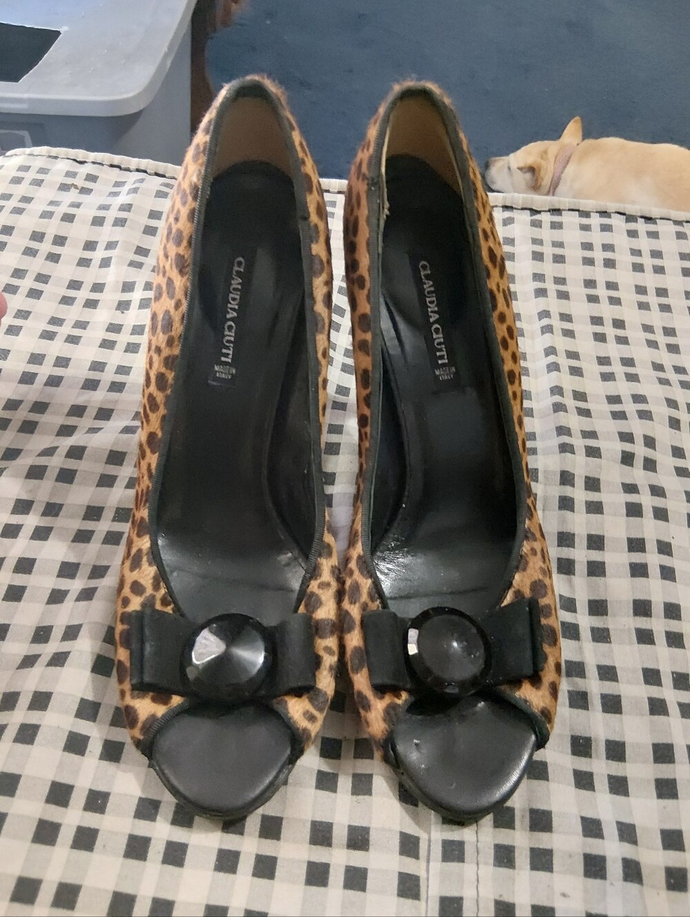 Claudia Ciuti Leopard Print Peep-Toe Heels with Bow Accent - Brown/Black